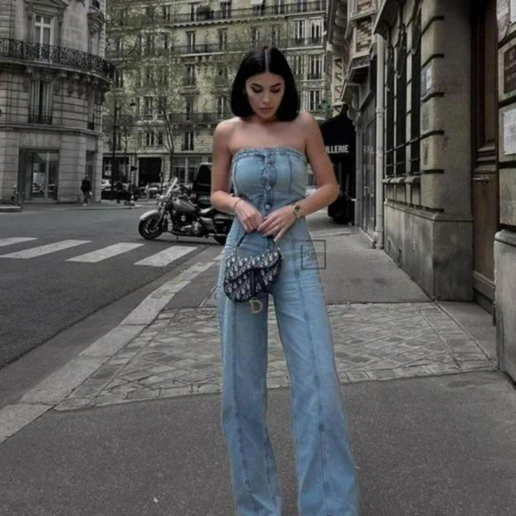 Zara Trf Strapless Denim Jumpsuit